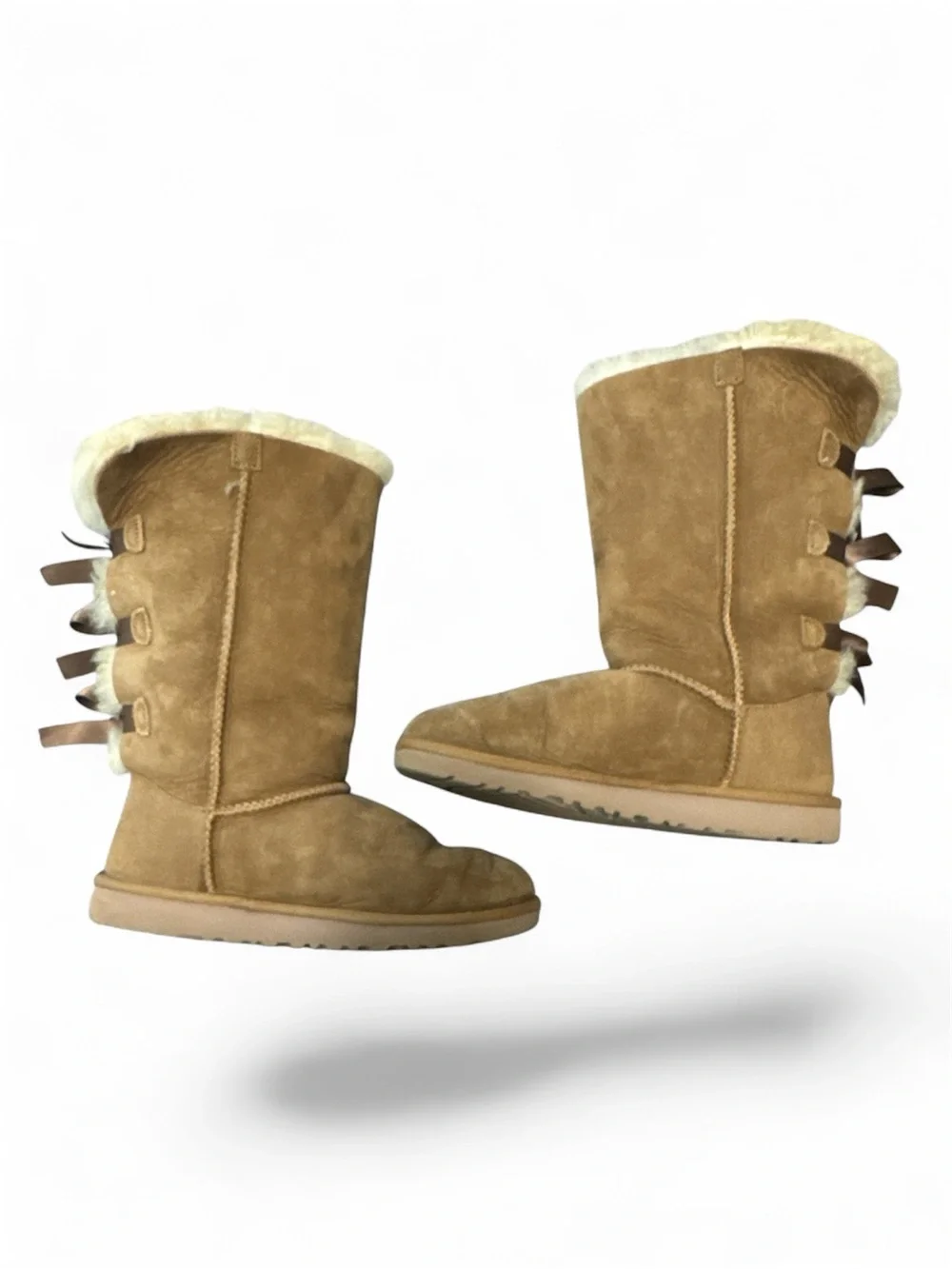 UGG Chestnut Suede Shearling Boots with Back Ribbon Bows